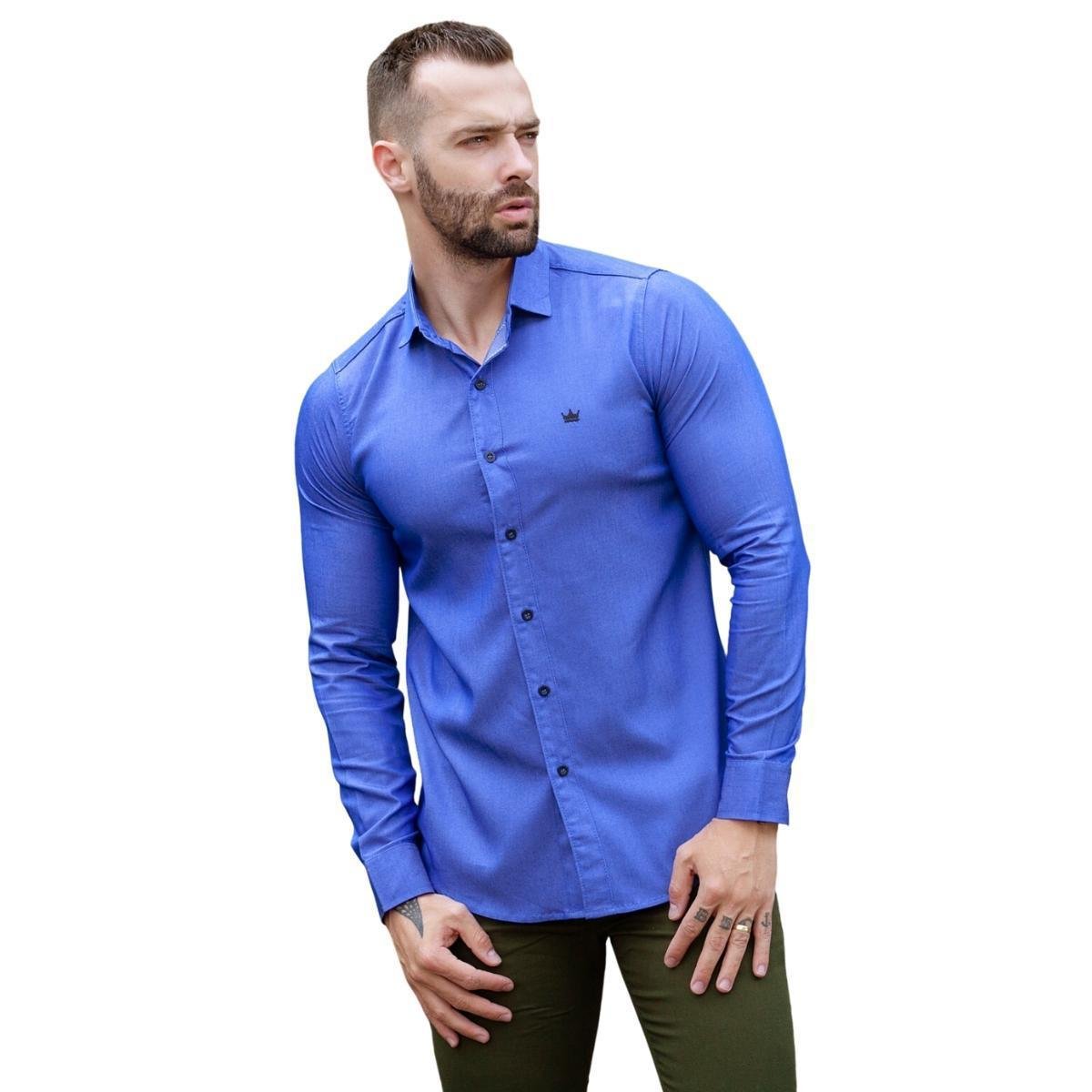 Camisa Masculina Tencel Slim Fit Manga Longa Social Premium - Azul Menor preço em Camisa Masculina Tencel Slim Fit Manga Longa Social Premium - Azul