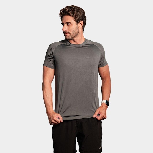 Camisa Masculina TR4 Raglan Cinza Dia a Dia Proteção Uv Treino Fitness Academia Treino Básica