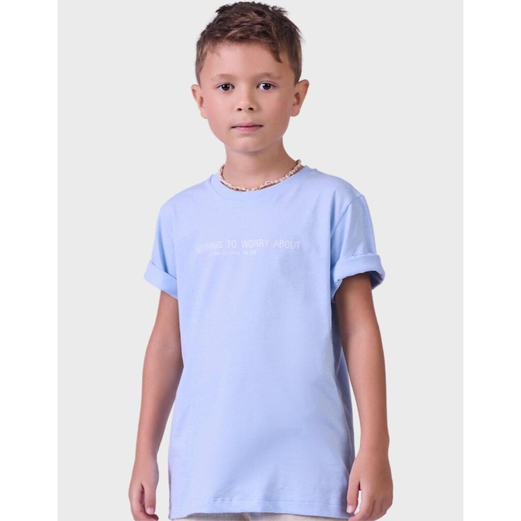 Camisa Meia Malha Azul Gola Canoa Verde Com Manga Curta E Detalhes Especiais Menino 4 a 14