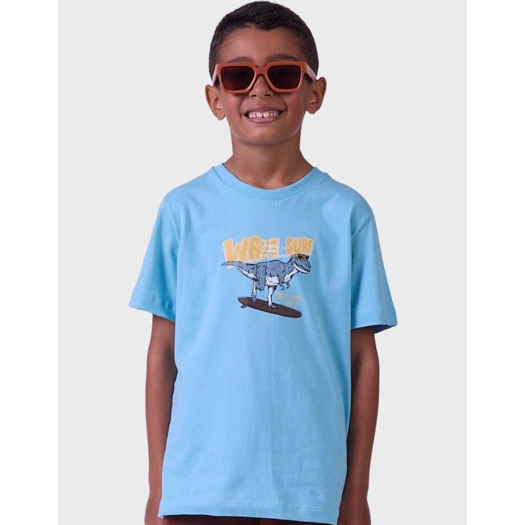Camisa Meia Malha Estampa Dino Radical Com mAnga Curta Estilo Verão Tropical Menino 4 a 14