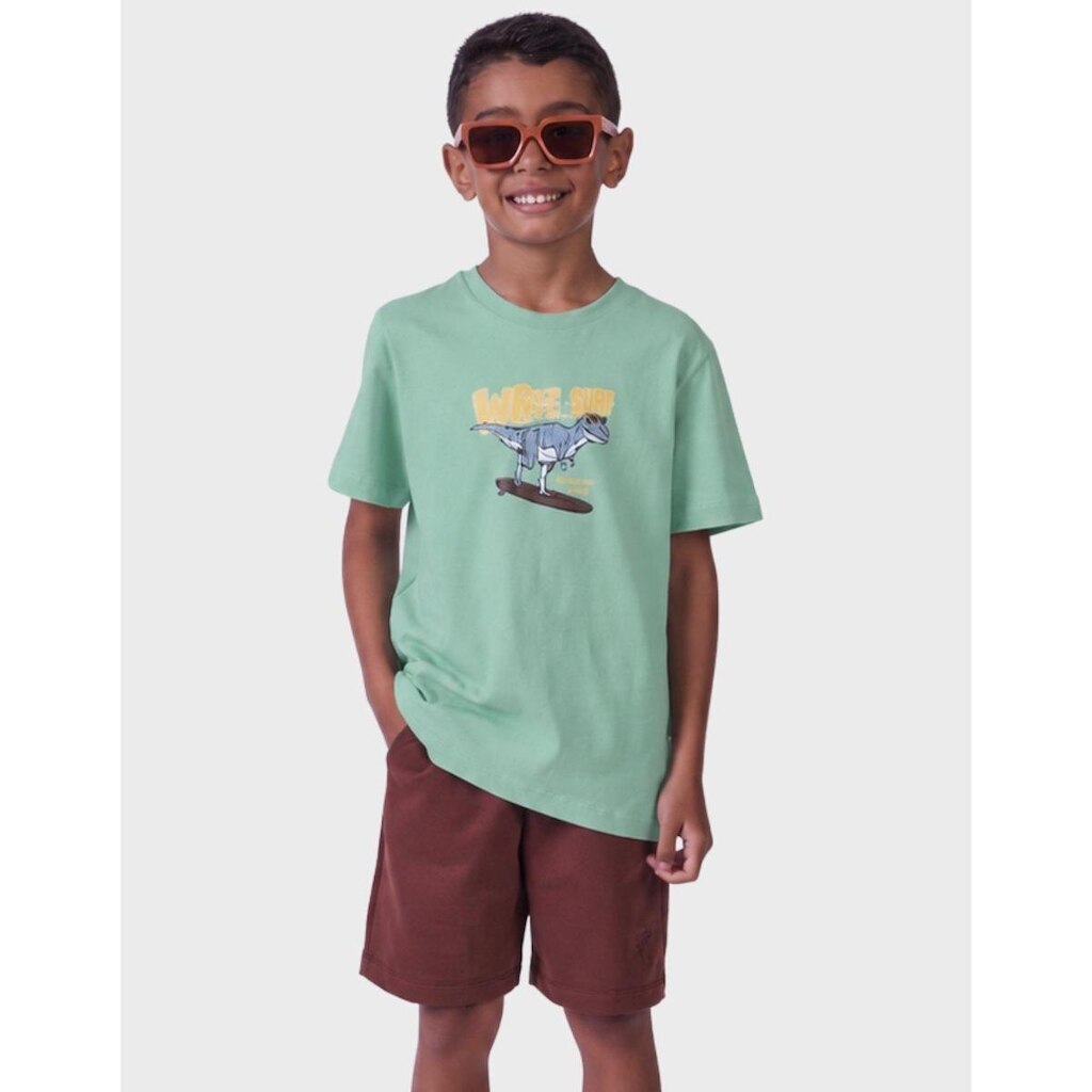 Camisa Meia Malha Estampa Dino Radical Com mAnga Curta Estilo Verão Tropical Menino 4 a 14