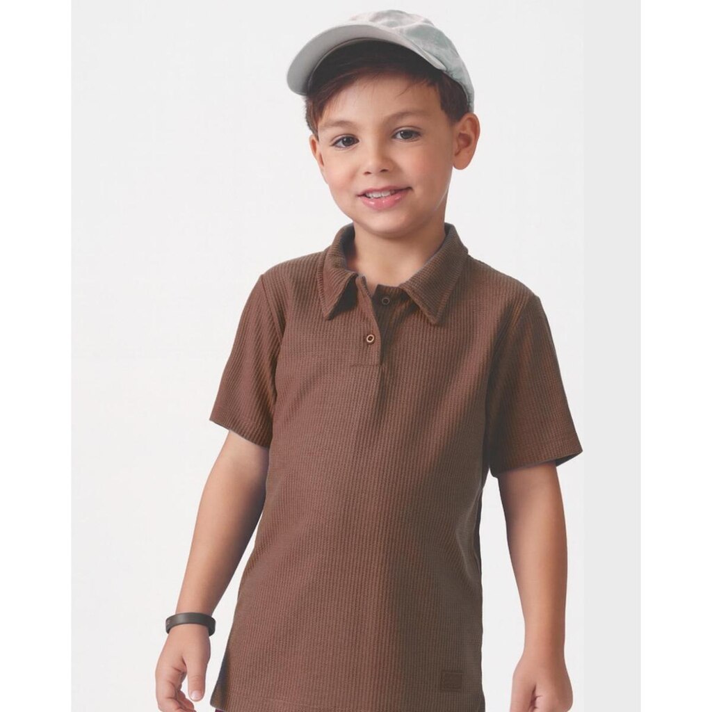 Camisa menino polo Aurora infantil verão elegante casual leve - Marrom e Jeans - Menino 1 a 3 anos