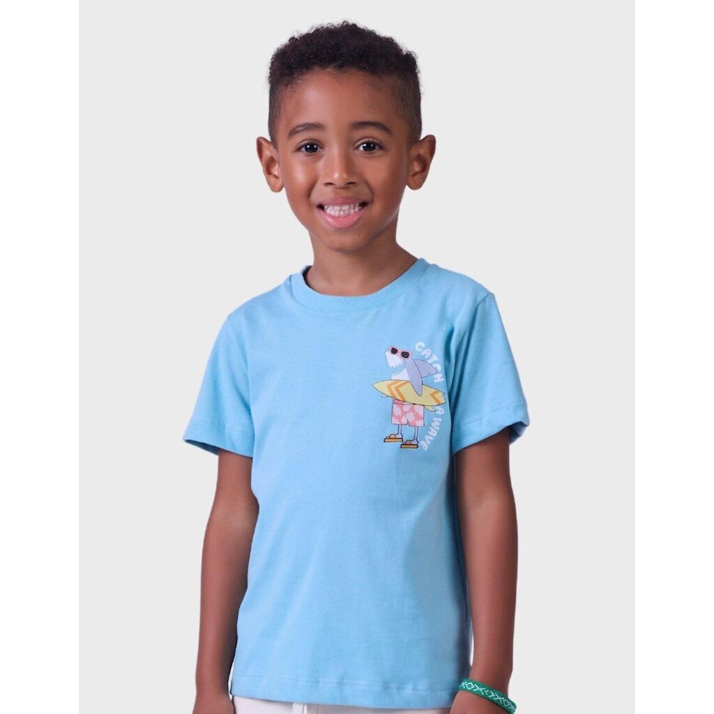 Camisa Moda Praiana Verde Estampada Tubarão Sorridente Manga Curta Azul Menino 1 a 4