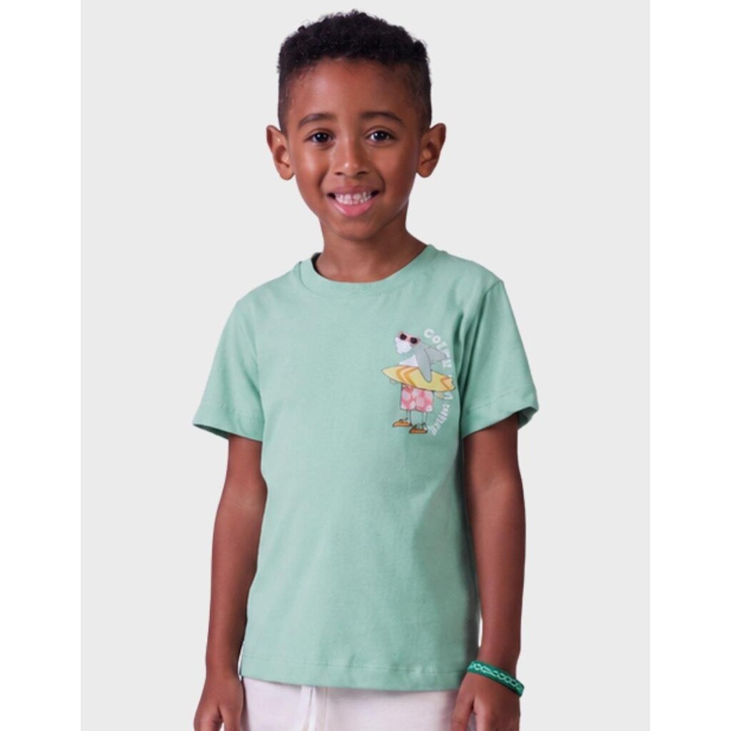 Camisa Moda Praiana Verde Estampada Tubarão Sorridente Manga Curta Azul Menino 1 a 4