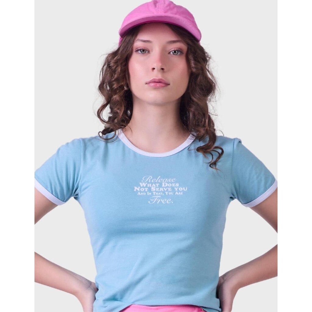 Camisa Modelo Babylook Cotton Azul Com Detalhes No Estilo Verão Quente E Tropical Feminino 12 a 18