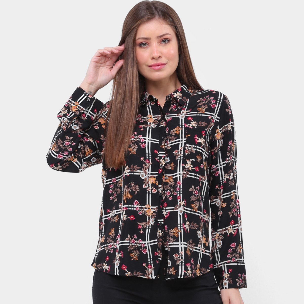 Camisa MS Fashion Estampada Manga Longa Feminina - Preto Menor preço em Camisa MS Fashion Estampada Manga Longa Feminina - Preto
