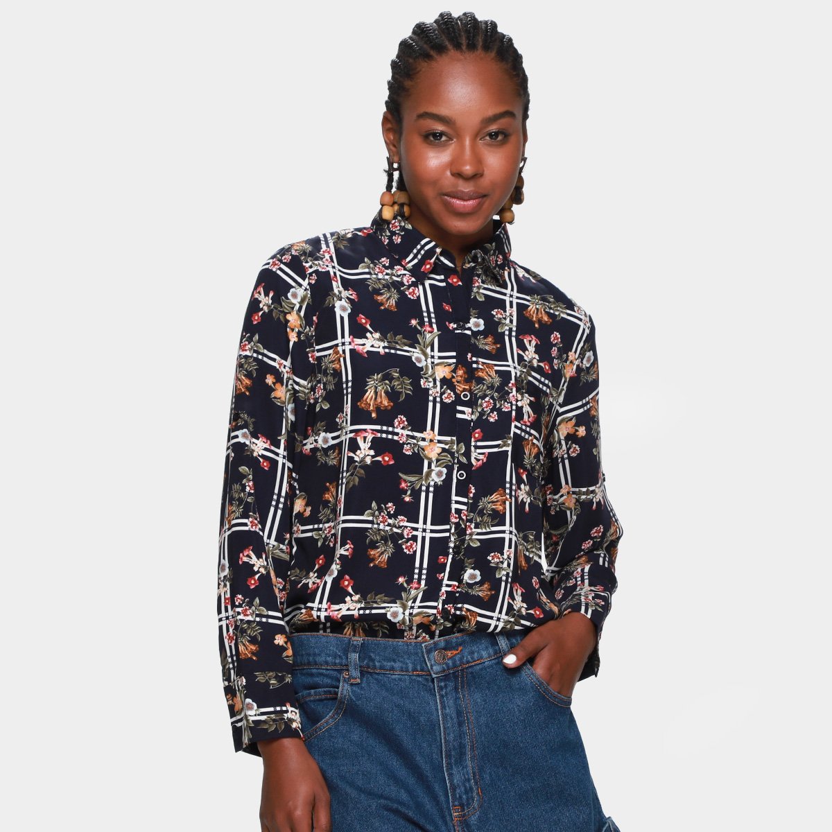 Camisa MS Fashion Estampada Manga Longa Feminina - Marinho Menor preço em Camisa MS Fashion Estampada Manga Longa Feminina - Marinho