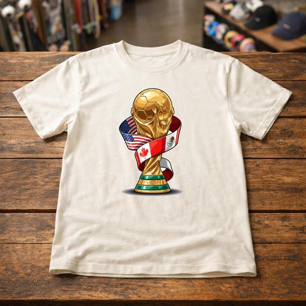 Camisa Mundial Troféu Futebol Estampa Bandeiras EUA Canadá México Tecido Premium Camiseta Masculina