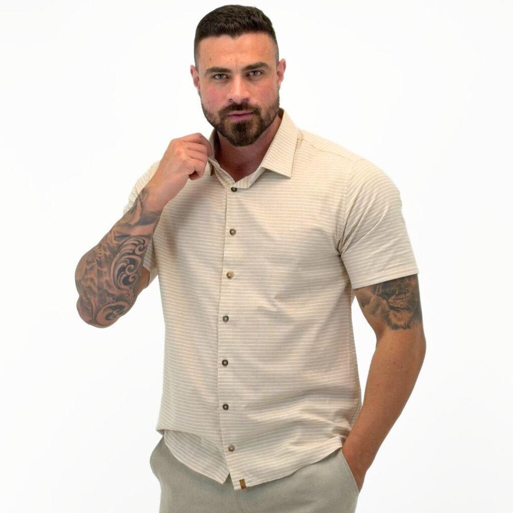 Camisa Ogochi Slim Listrada Manga Curta Masculina