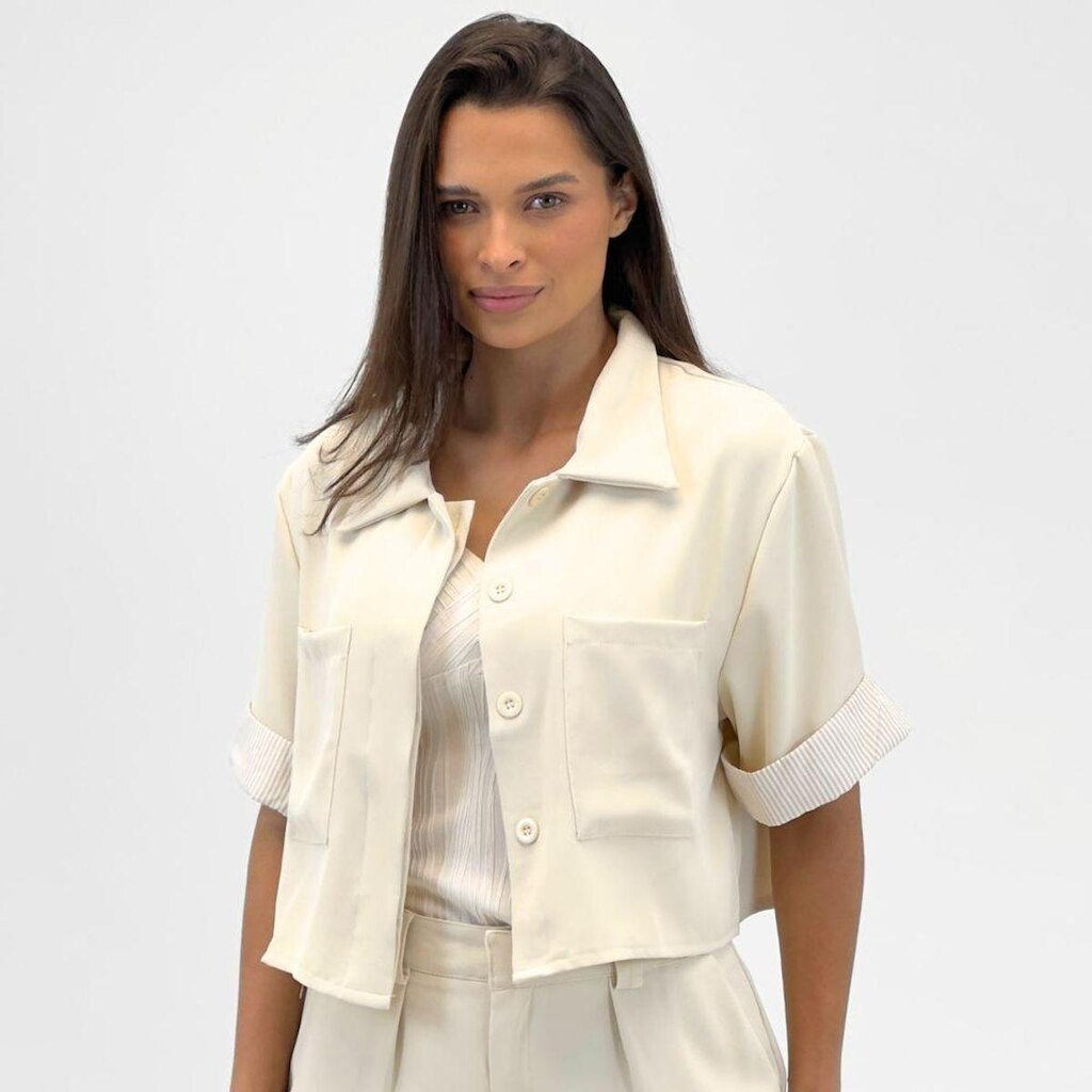 Camisa Pacific Blue Cropped Manga Curta Feminina