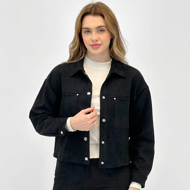 Camisa Pacific Blue Cropped Suede Manga Longa Feminina