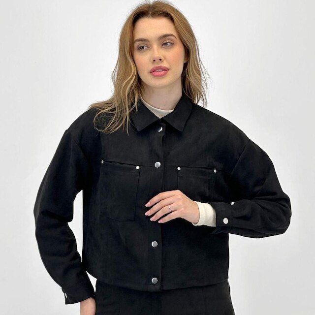 Camisa Pacific Blue Cropped Suede Manga Longa Feminina