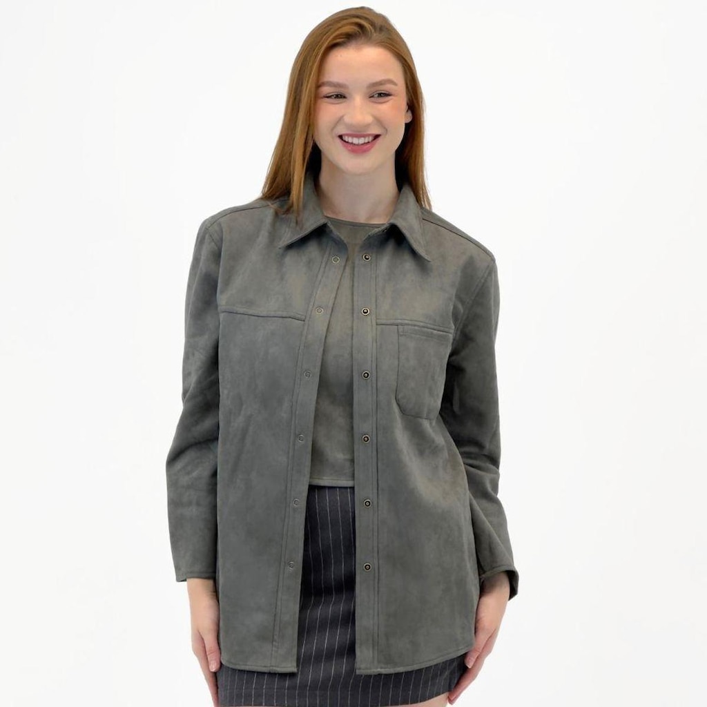 Camisa Pacific Blue em Suede com Cinto Manga Longa Feminina