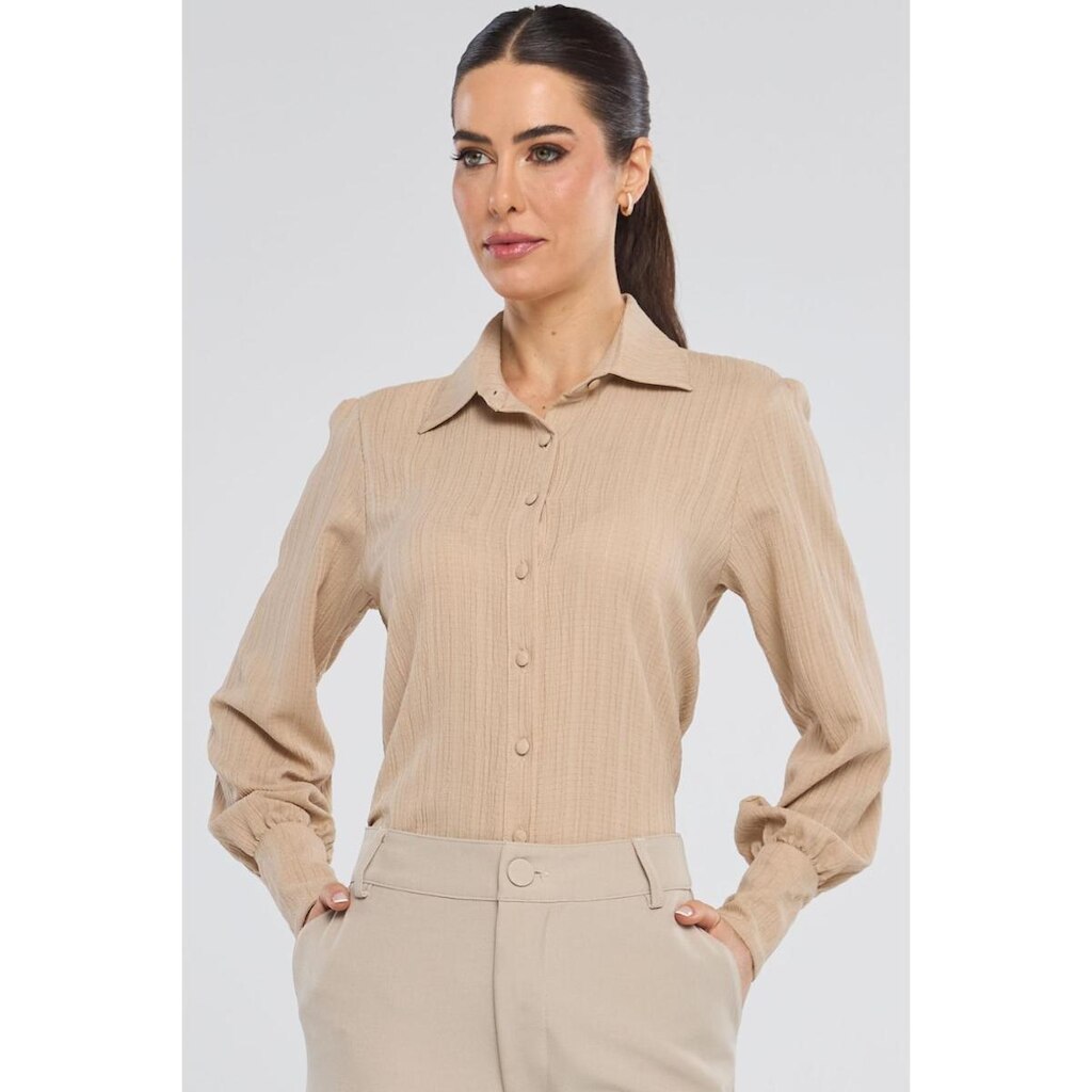 Camisa PKS Manga Longa Crepe Frisê Bege