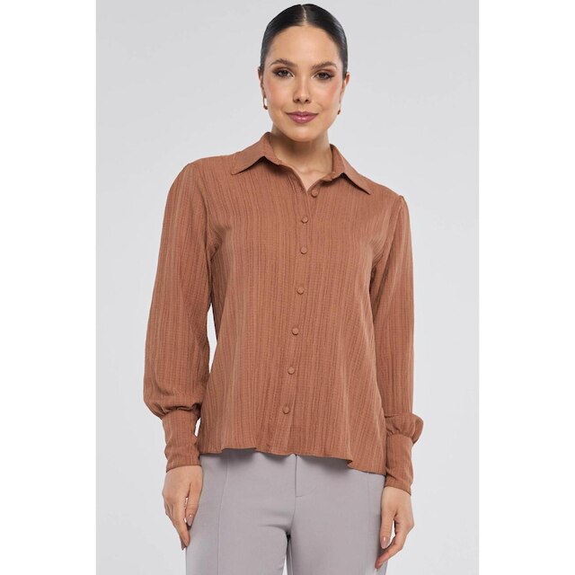 Camisa PKS Manga Longa Crepe Frisê Marrom