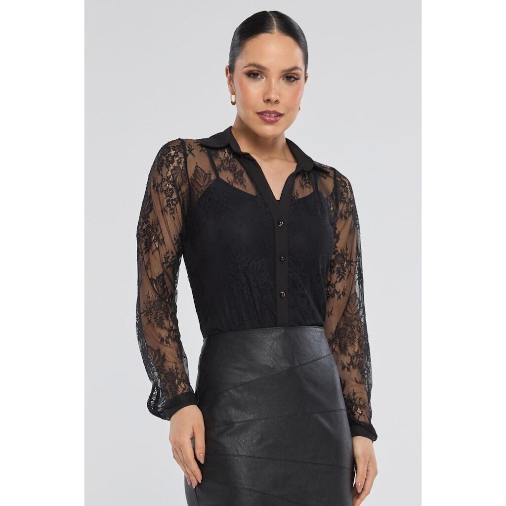 Camisa PKS Manga Longa Renda de Tule Preta