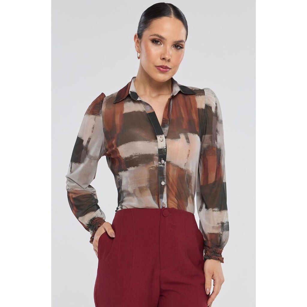 Camisa PKS Tule Manga Longa Estampa Mixed Burgundy