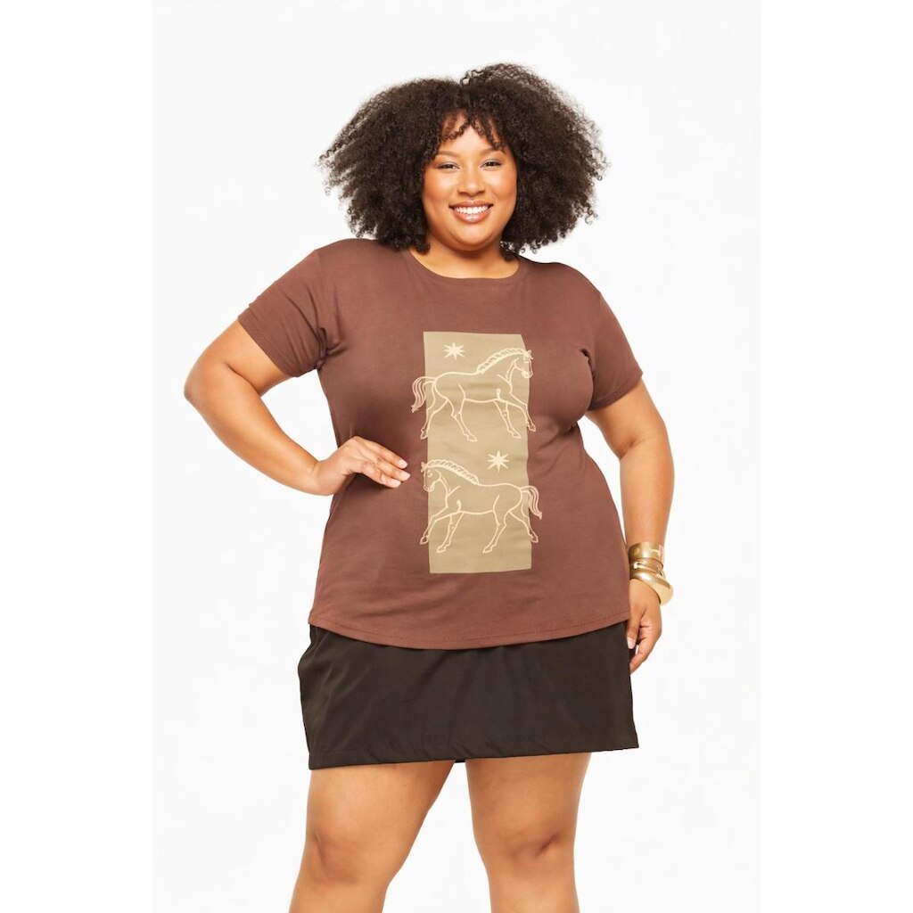 Camisa Plus Size D Bell Outlet Fashion Estampada Marrom