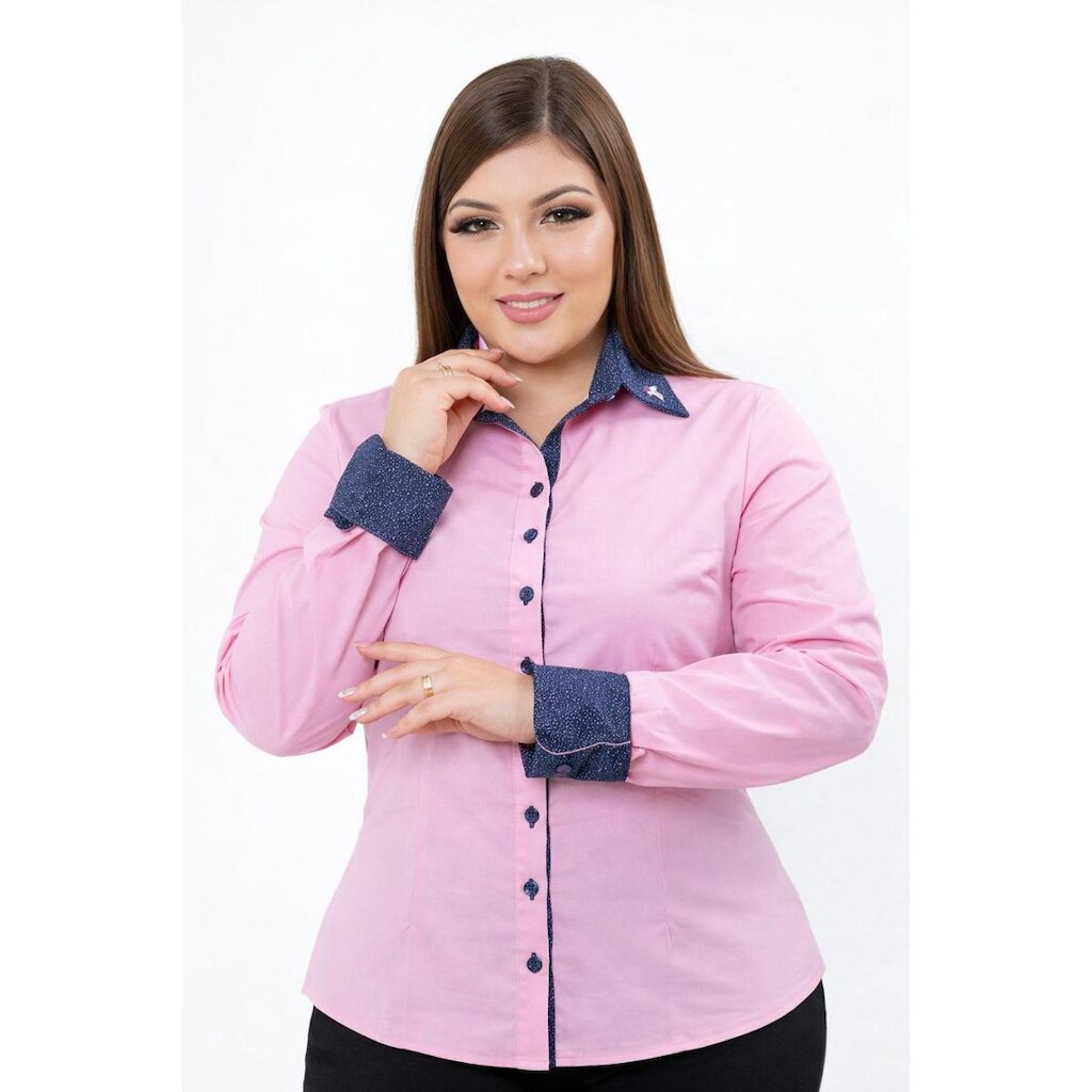 Camisa Plus Size D Bell Outlet Fashion Manga Longa Duas Golas Azul Rosa Bebê/Azul Marinho