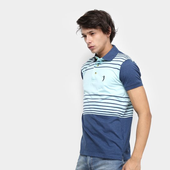 Camisa Polo Aleatory Fio Tinto Listrada Masculina - Marinho+Verde