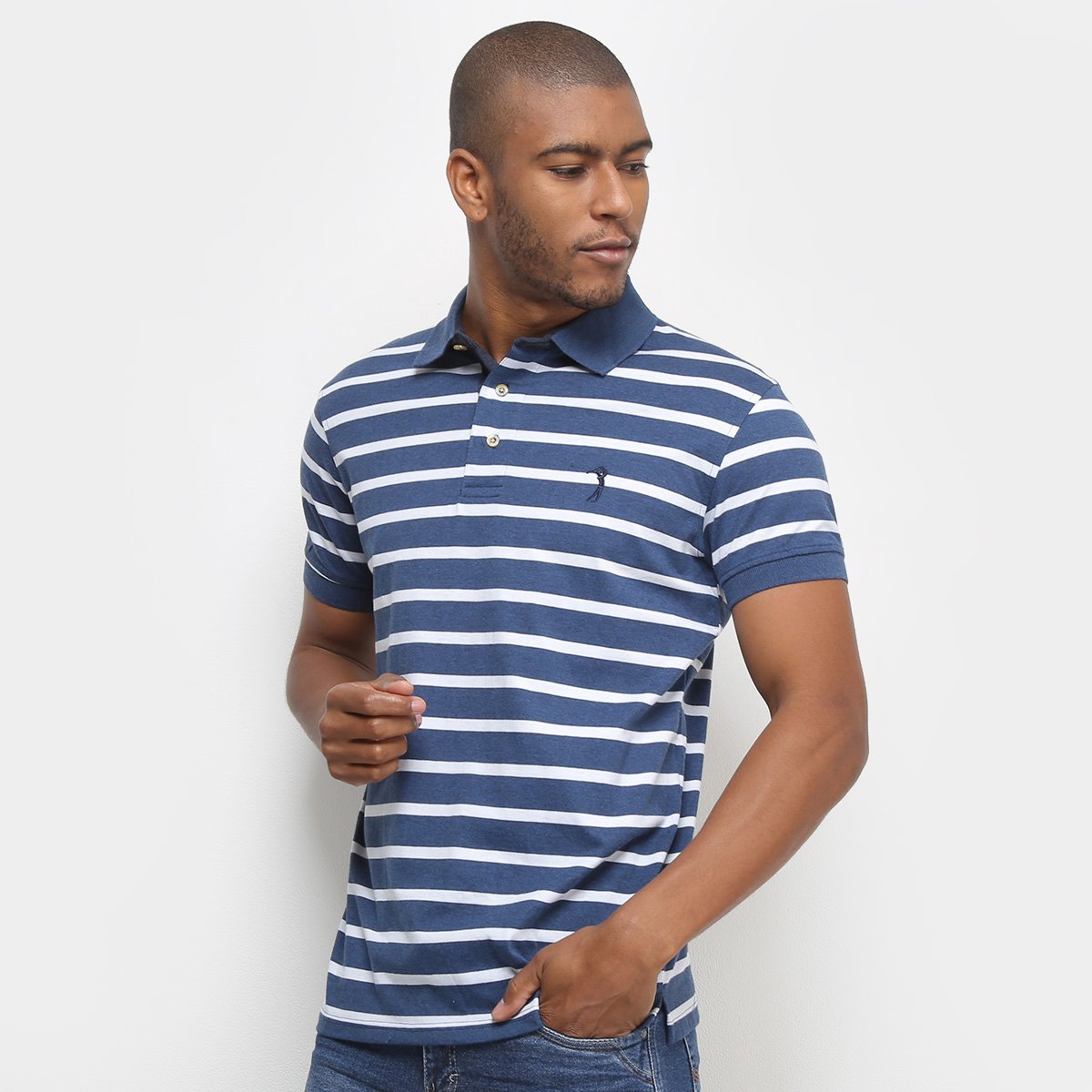 Camisa Polo Aleatory Fio Tinto Listrada Masculina - Azul+Branco Menor preço em Camisa Polo Aleatory Fio Tinto Listrada Masculina - Azul+Branco