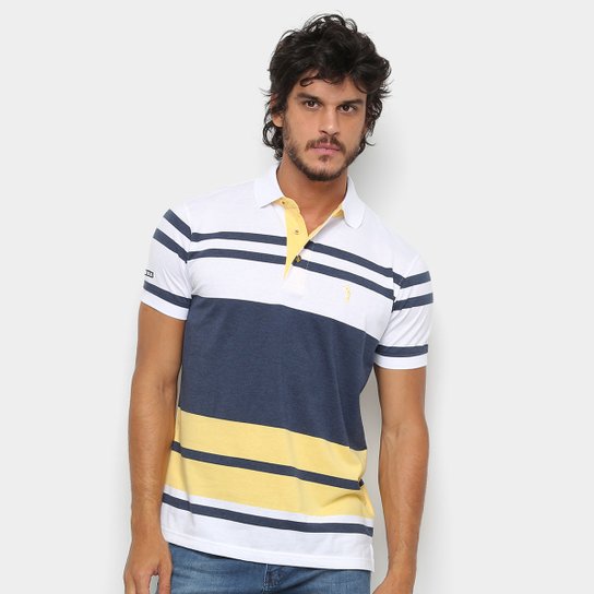 Camisa Polo Aleatory Fio Tinto Listrada Masculina - Branco+Marinho