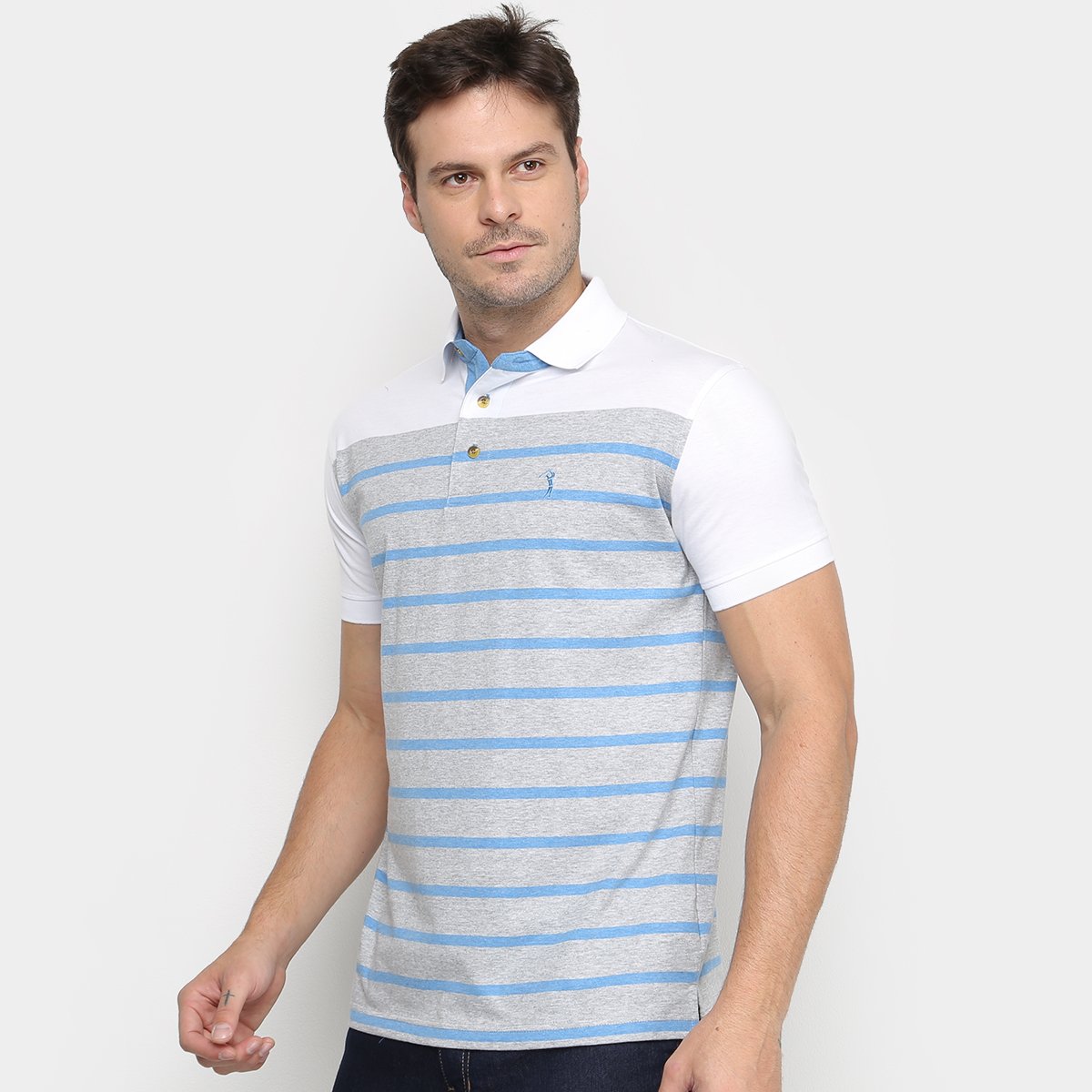 Camisa Polo Aleatory Fio Tinto Listras Masculina - Branco+Azul Menor preço em Camisa Polo Aleatory Fio Tinto Listras Masculina - Branco+Azul