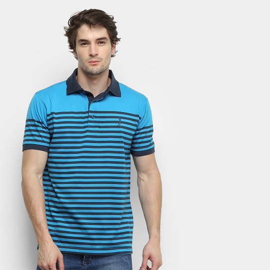 Camisa Polo Aleatory Listrada Fio Tinto Masculina - Azul+Marinho