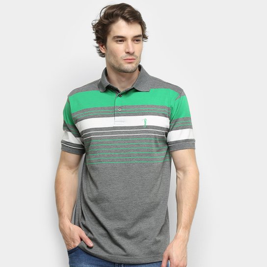 Camisa Polo Aleatory Listrada Fio Tinto Masculina - Verde+Cinza