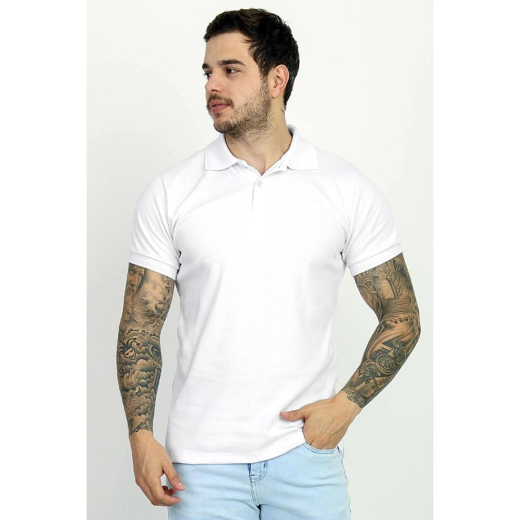 Camisa Polo Branca Slim Masculina Lisa Malha Cotton Premium