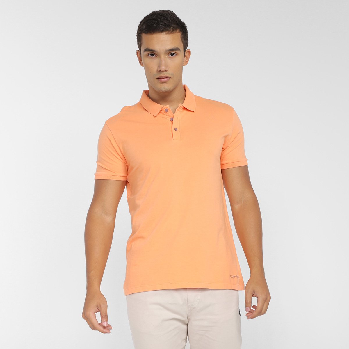 Camisa Polo Calvin Klein Lisa Básica Masculina - Laranja Menor preço em Camisa Polo Calvin Klein Lisa Básica Masculina - Laranja