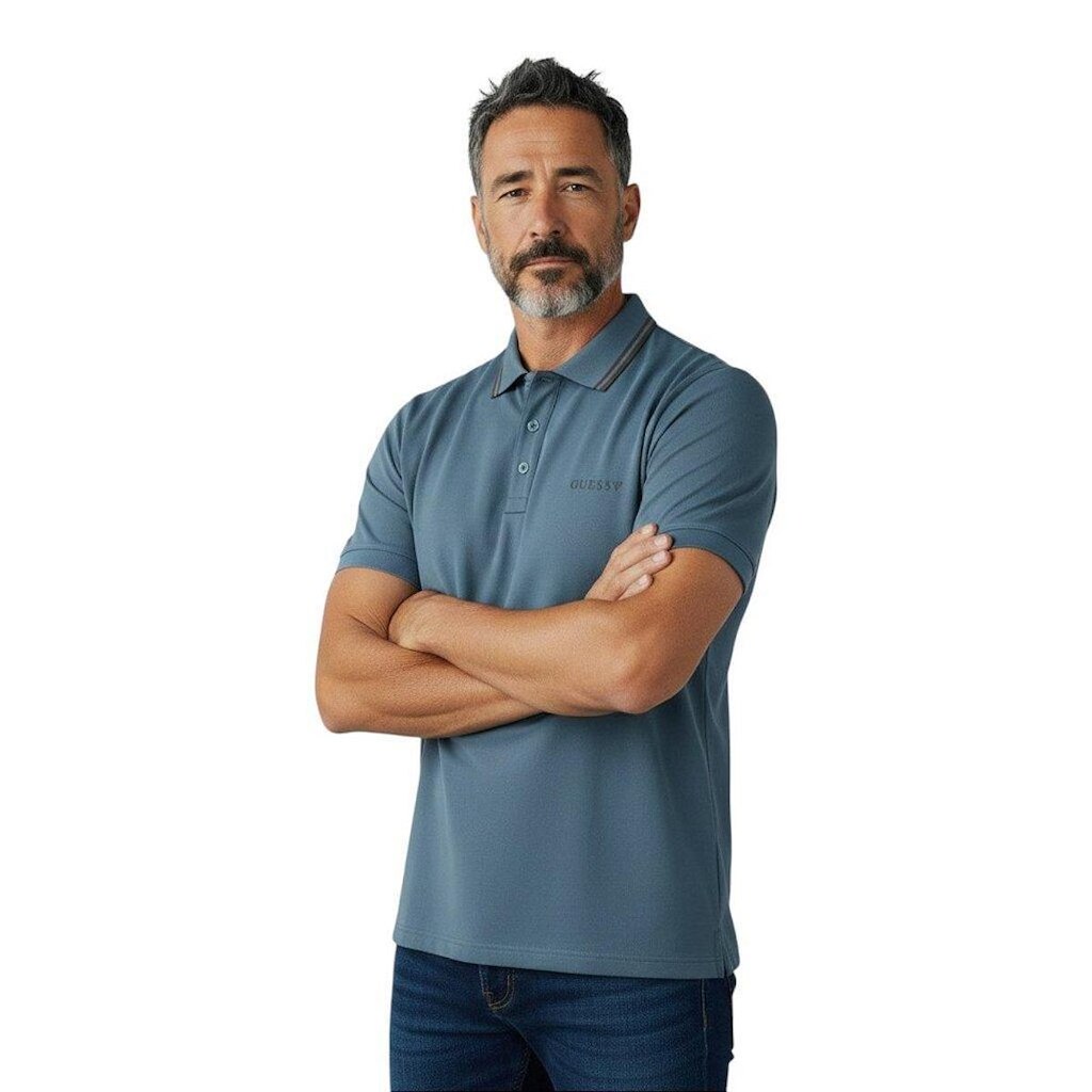 Camisa Polo Guess Silk Peito Frisos Gola Masculino Marrom