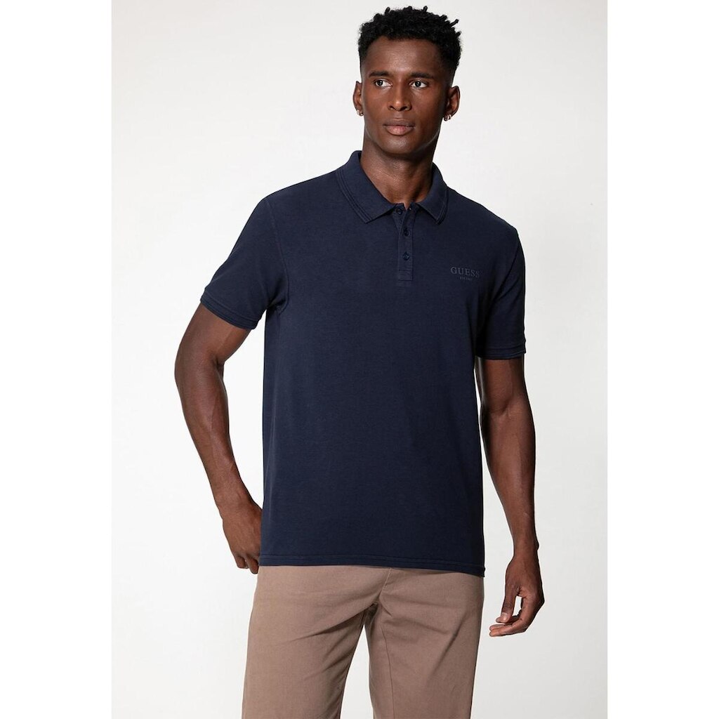 Camisa Polo Guess Silk Relevo Est 1981 Azul Escuro