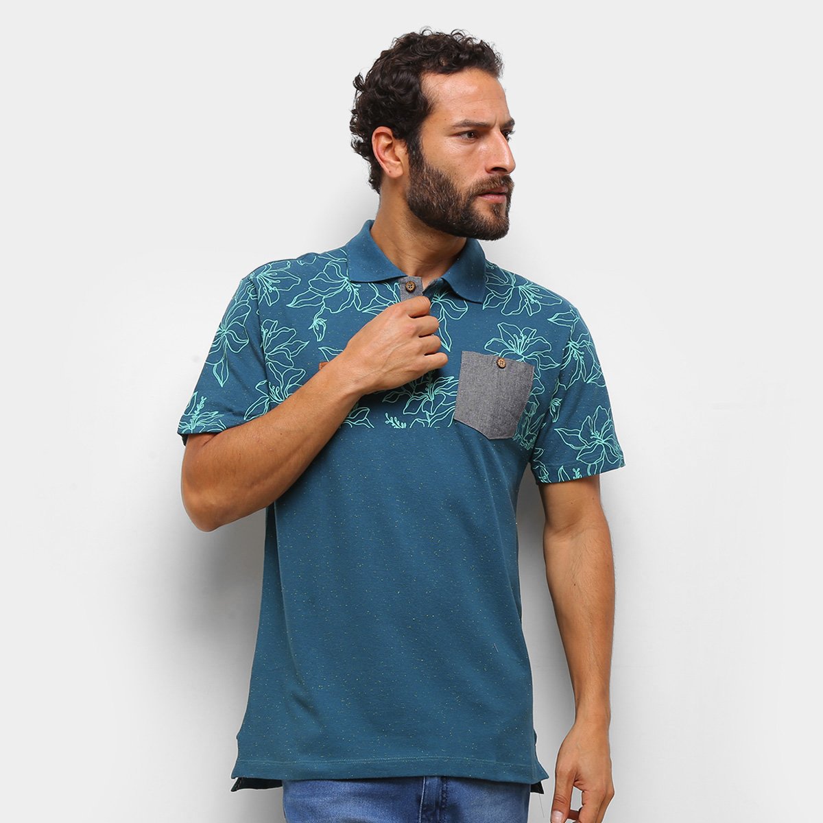 Camisa Polo HD Floral C/ Bolso Masculina - Azul Petróleo Menor preço em Camisa Polo HD Floral C/ Bolso Masculina - Azul Petróleo