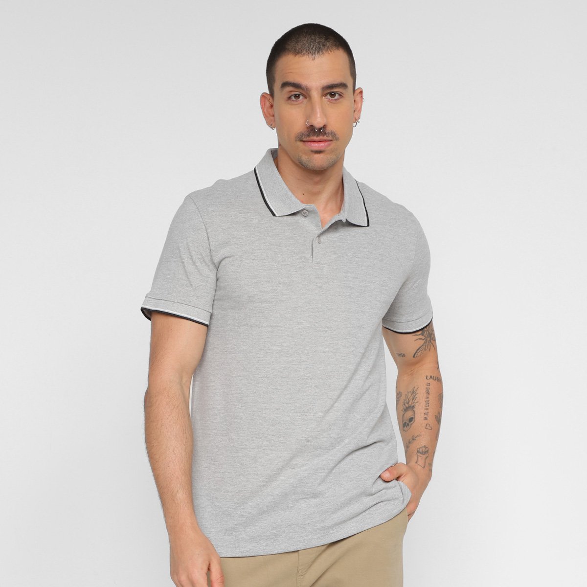 Camisa Polo Hering Básica Piquet Masculina - Cinza Menor preço em Camisa Polo Hering Básica Piquet Masculina - Cinza