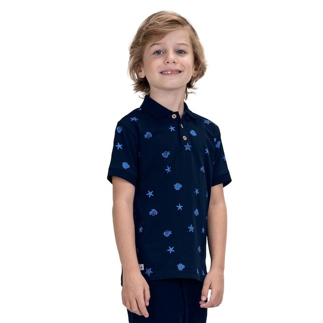 Camisa Polo Infantil Estampada Trick Nick Azul