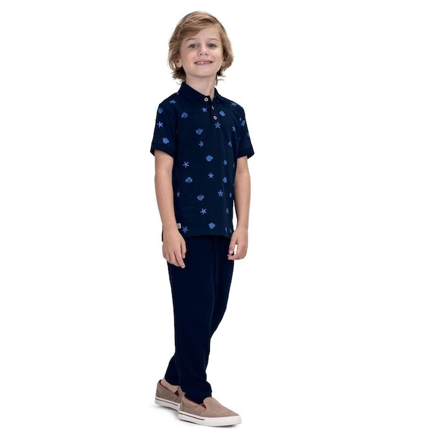 Camisa Polo Infantil Estampada Trick Nick Azul