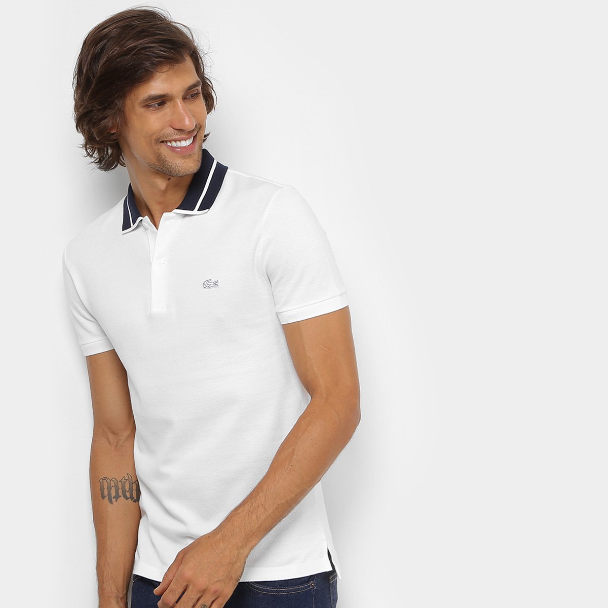 Camisa Polo Lacoste Piquet Slim Fit Fancy Contraste Masculina - Branco Menor preço em Camisa Polo Lacoste Piquet Slim Fit Fancy Contraste Masculina - Branco
