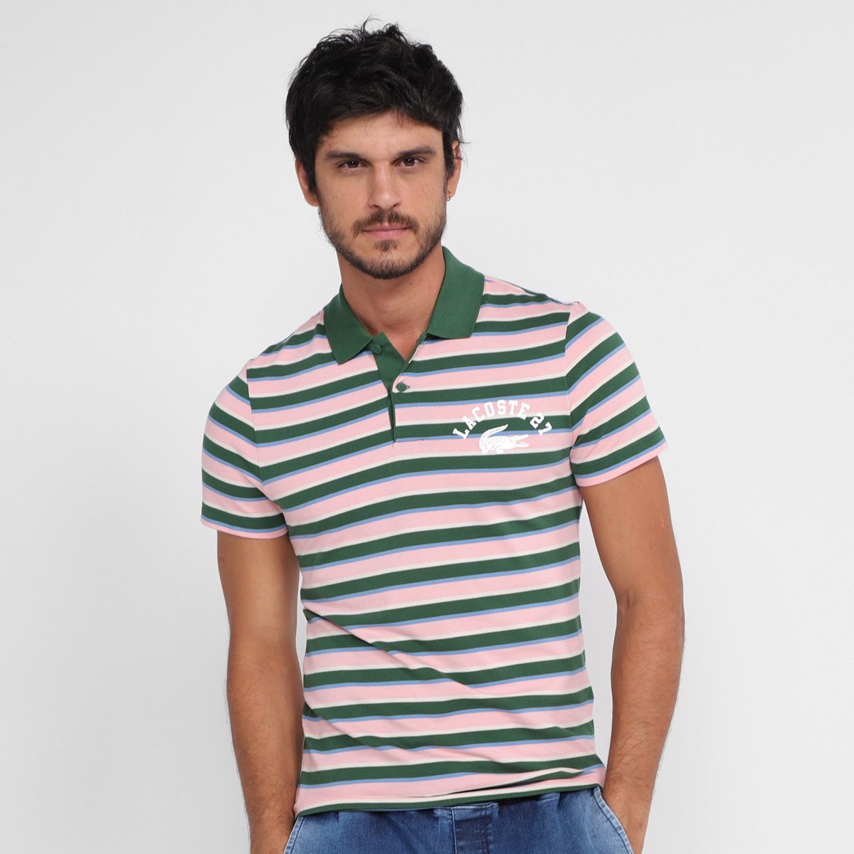 Camisa Polo Lacoste Tricô Ultraleve Listrada - Verde+Rosa Menor preço em Camisa Polo Lacoste Tricô Ultraleve Listrada - Verde+Rosa