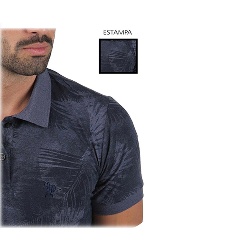 Camisa Polo Masculina Estampada Floral Azul Escuro
