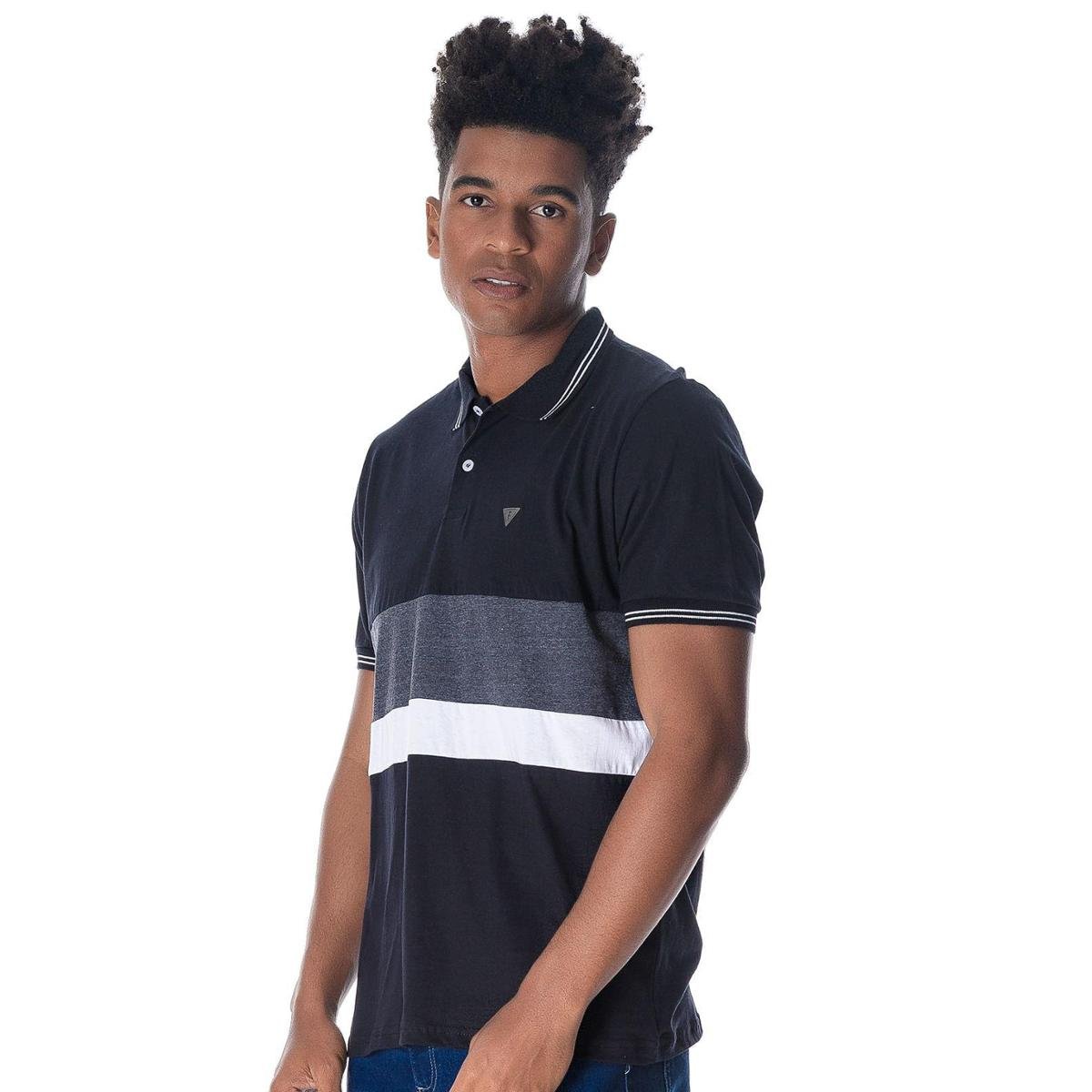 Camisa Polo Masculina Faixa Dupla MMT Preto | Zattini