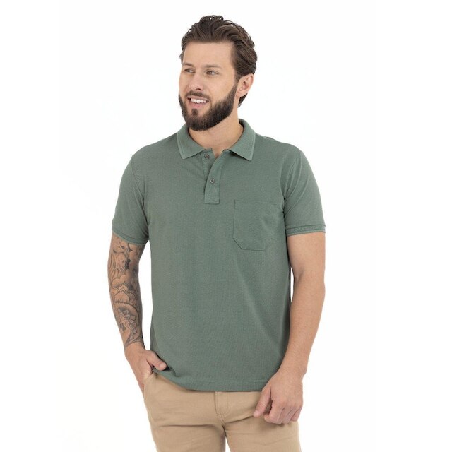 Camisa Polo Masculina Pique Algodão com Bolso Casual