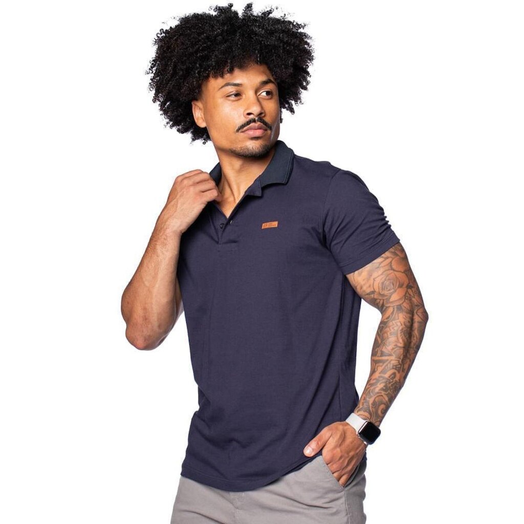 Camisa Polo Masculina Vida Marinha Lisa em Malha Marinho