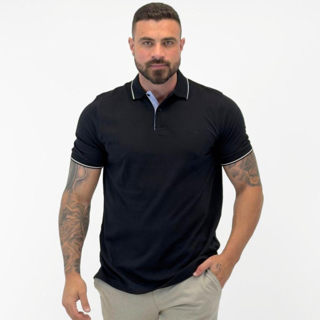 Camisa Polo Pierre Cardin Básica com Botão Manga Curta Masculina