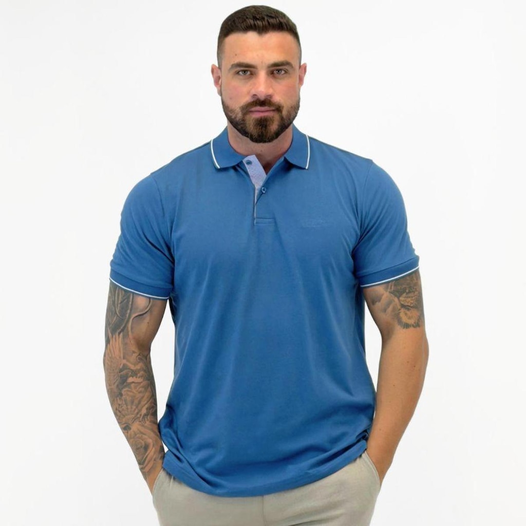 Camisa Polo Pierre Cardin Básica com Botão Manga Curta Masculina