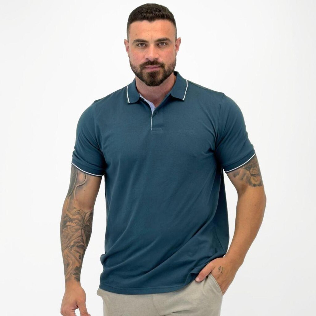 Camisa Polo Pierre Cardin Básica com Botão Manga Curta Masculina