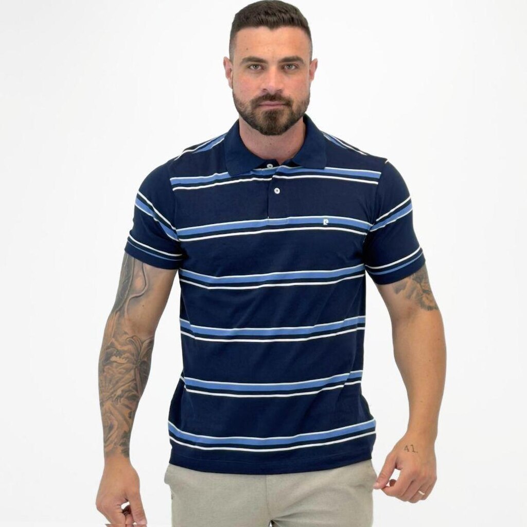 Camisa Polo Pierre Cardin Listrada com Botão Manga Curta Masculina