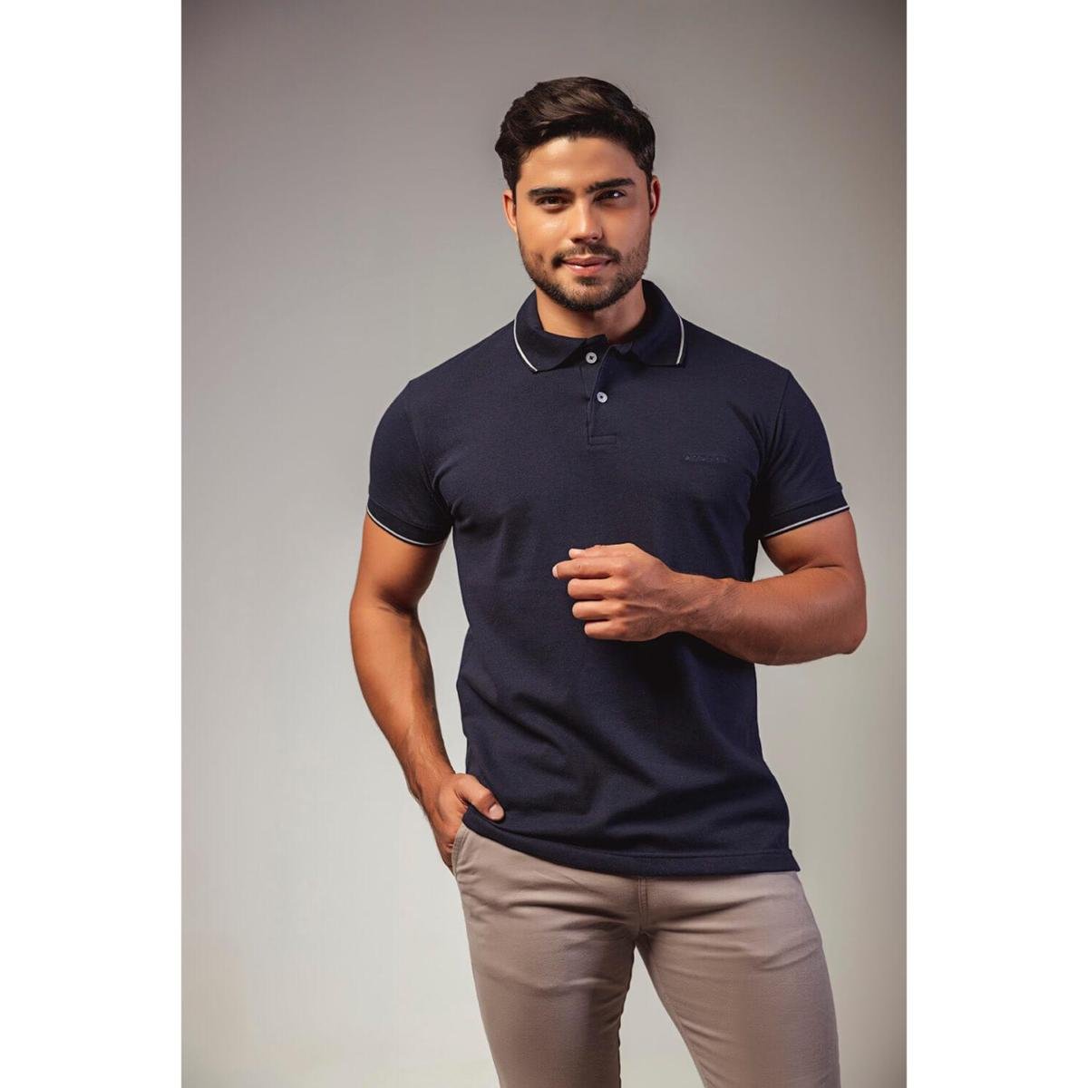 CAMISA POLO PIQUET STWART AZUL MARINHO FRISO Menor preço em CAMISA POLO PIQUET STWART AZUL MARINHO FRISO