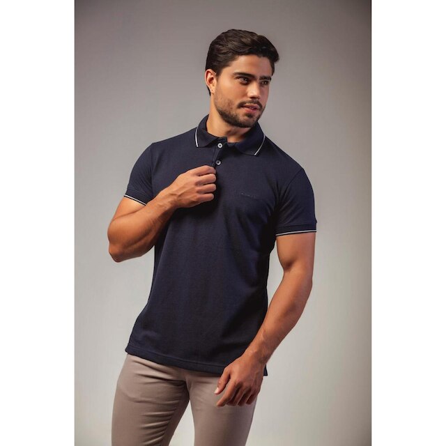 CAMISA POLO PIQUET STWART AZUL MARINHO FRISO