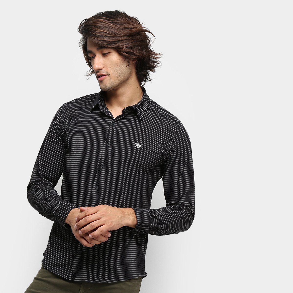 Camisa Polo RG 518 Listrada Manga Longa Masculina - Preto Menor preço em Camisa Polo RG 518 Listrada Manga Longa Masculina - Preto